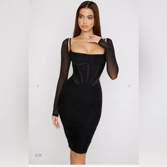 House of CB | Dresses | House Of Cb Freyjablack Gathered Corset Dress  Elegant Black Long Sleeve Dress | Poshmark